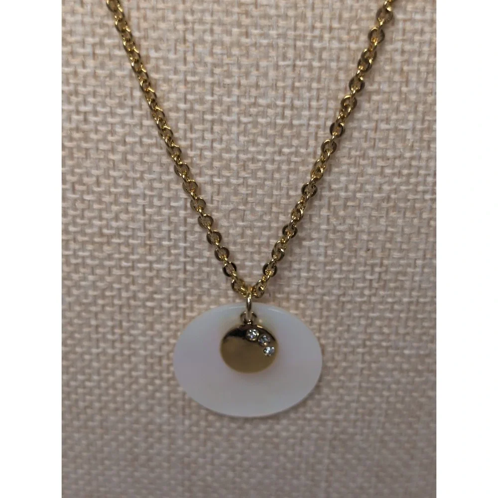 Monet Gold Tone White Enamel Disc Rhinestone Necklace